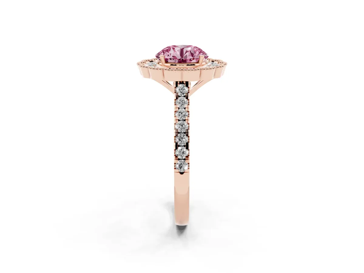 Fancy Pink Round Cut Cut Diamond Milgrain Floral Halo Engagement Ring with Pavé Band Rose gold