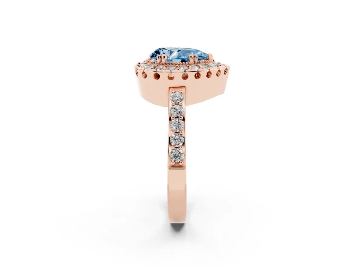 Fancy Blue Pear Cut Diamond Halo Ring with Pavé Band and Prong Setting Rose gold