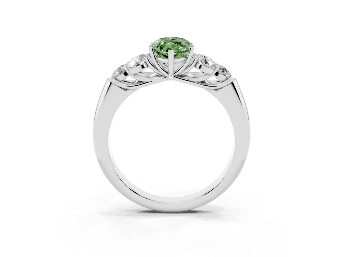 Fancy Green Marquise Cut Cut Diamond Cluster Ring with Round Accent Stones and Prong Setting on a Classic Band White gold