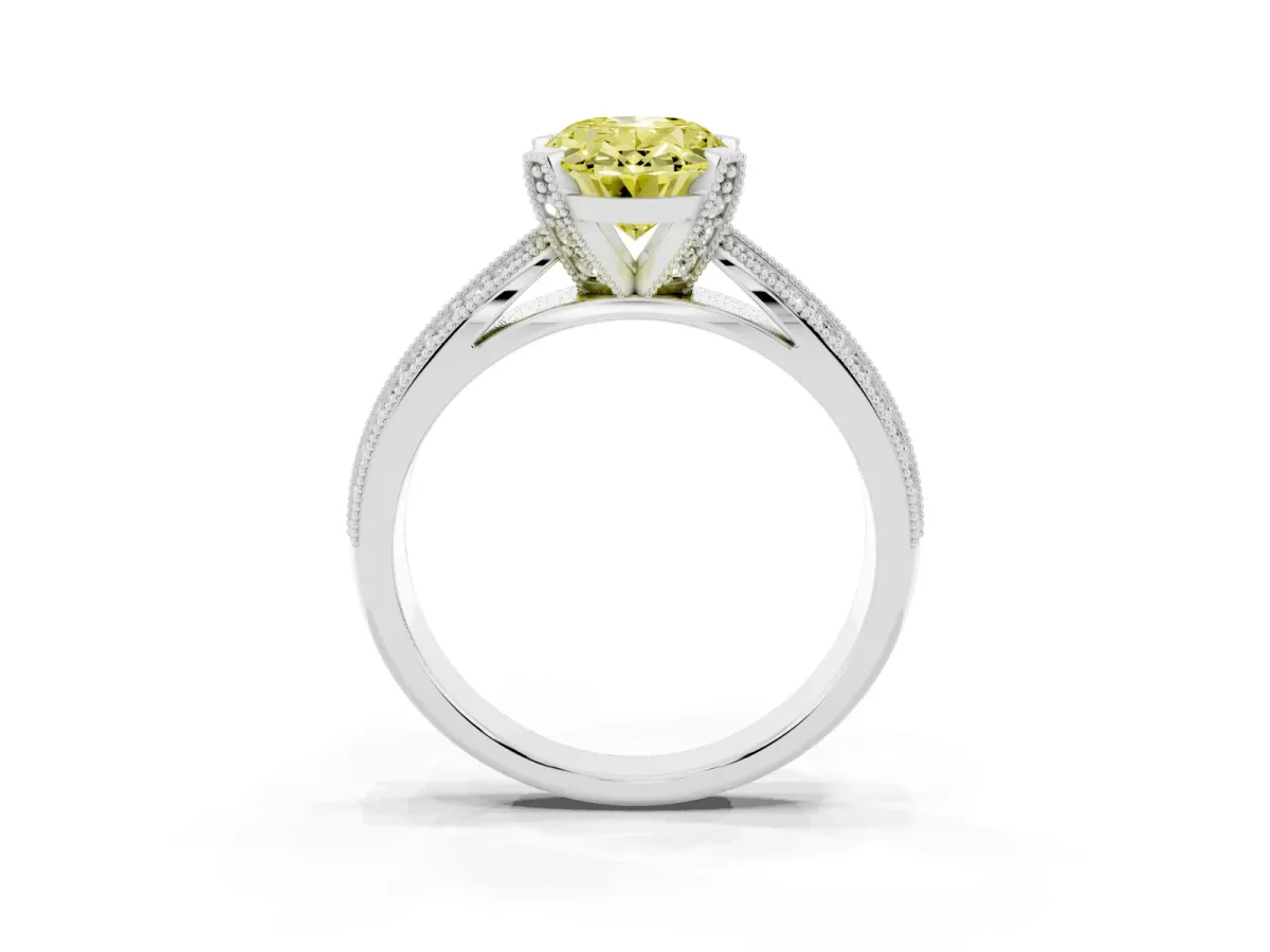 Fancy Yellow Oval Cut Diamond Solitaire Ring with Milgrain Round Pavé Band and Prong Setting Silver