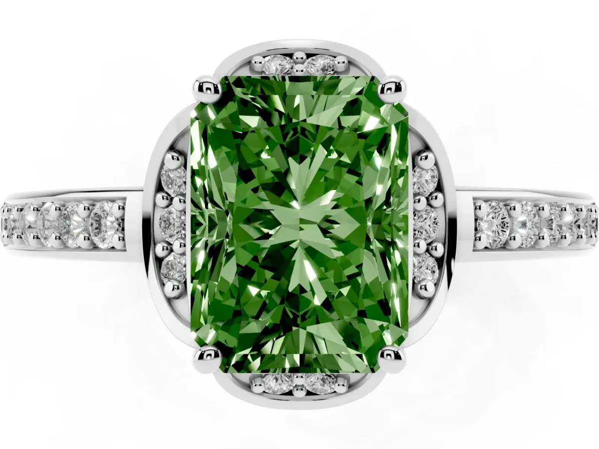 Fancy Green Radiant Cut Cut Halo Diamond Ring with Channel Set Band and Four-Prong Setting White gold