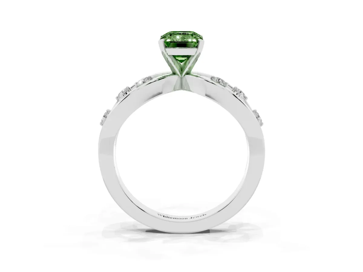 Fancy Green Emerald Cut Cut Solitaire Diamond with Side Stones on Criss-Cross Band and Four-Prong Setting Platinum