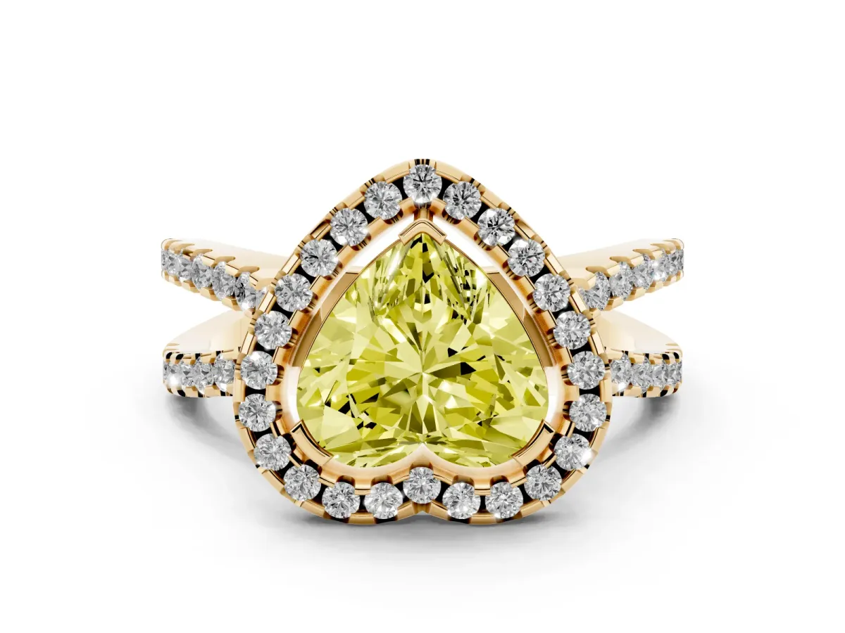 Fancy Yellow Heart Cut Diamond Halo Ring with Split Shank Pavé Band and Prong Setting Yellow gold