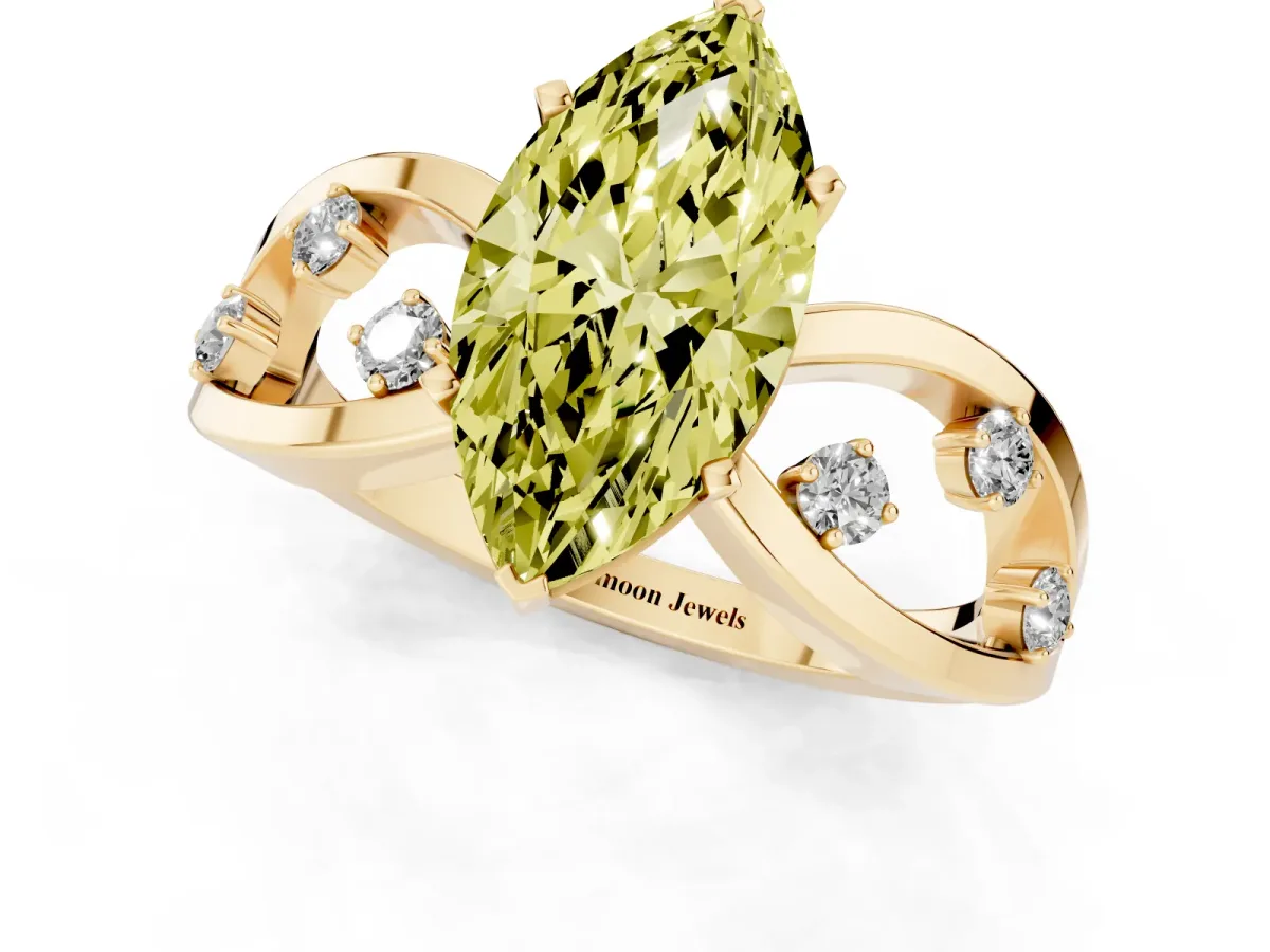 Fancy Yellow Marquise Cut Cut Solitaire Diamond with Side Stones on Criss-Cross Band and Four-Prong Setting Yellow gold