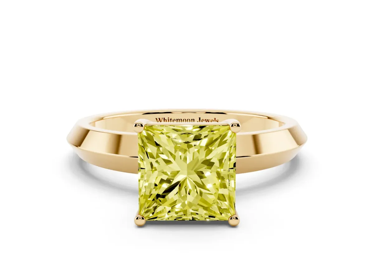 Fancy Yellow Princess Cut Cut Solitaire Engagement Ring with Flat Band and Four-Prong Setting Yellow gold