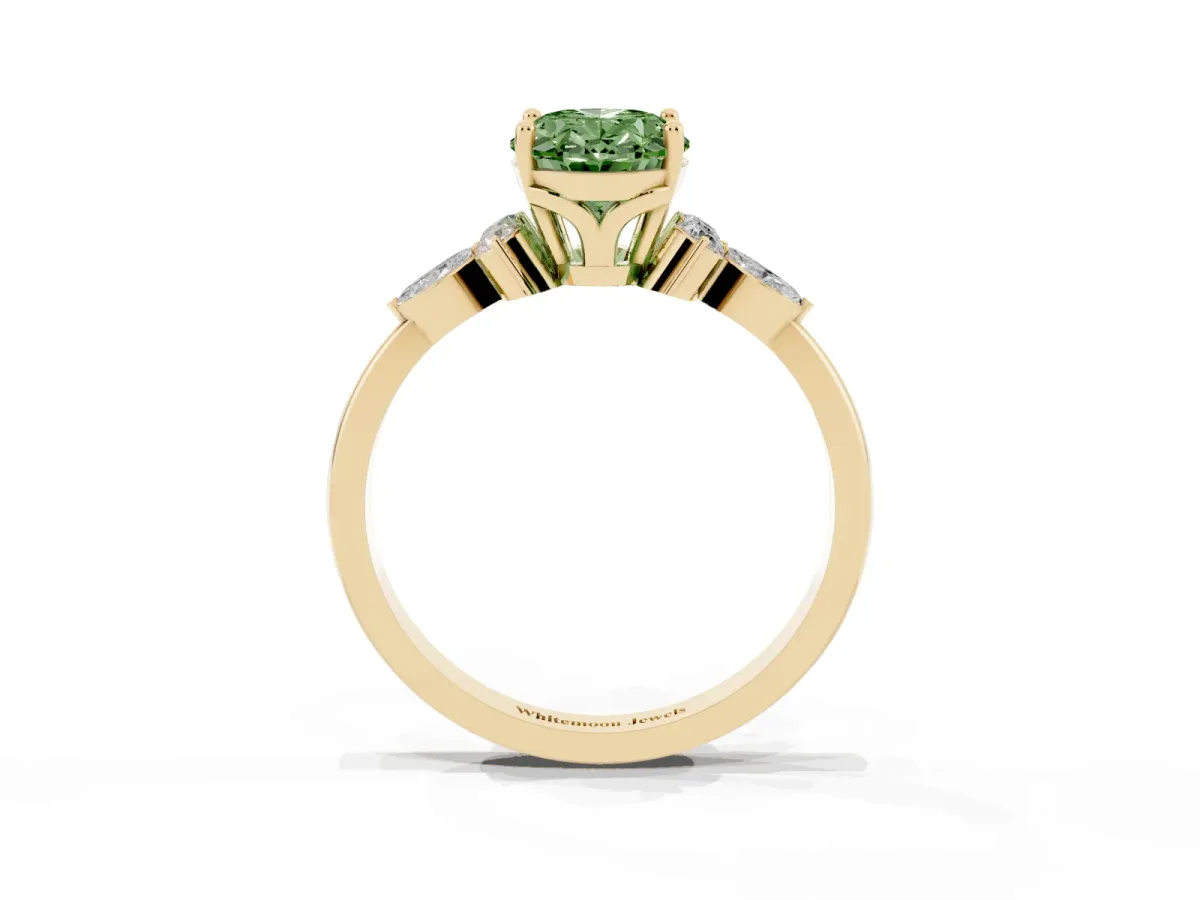 Fancy Green Oval Cut Brilliant Diamond Solitaire Ring with Pear Side Stones and Four-Prong Setting Yellow gold