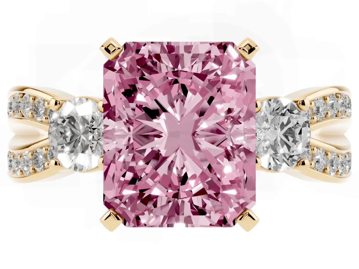 Fancy Pink Three-Stone Radiant Cut Cut Diamond Twist Band with Prong Setting Yellow gold