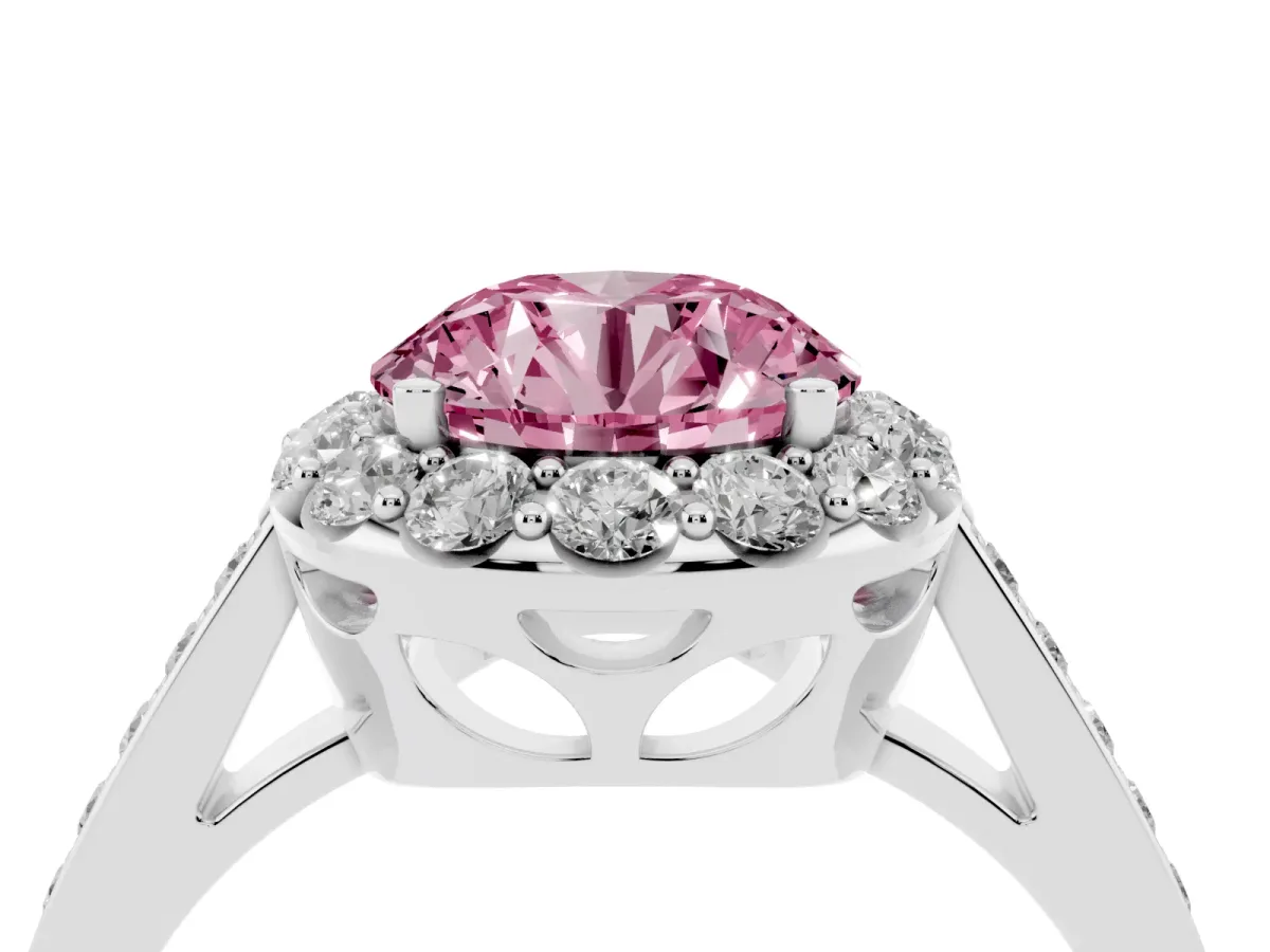 Fancy Pink Round Cut Diamond Floral Halo Ring with Pavé Band and Prong Setting White gold