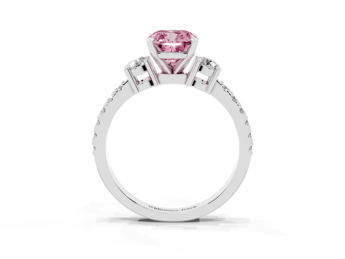 Fancy Pink Cushion Cut Three-Stone Diamond Pavé Band with Prong Setting White gold