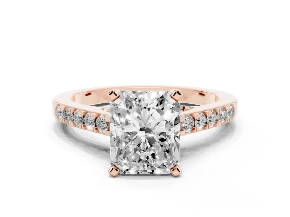 Radiant Cut Diamond Solitaire Ring with Crossover Gallery and Round Pavé Band Rose gold