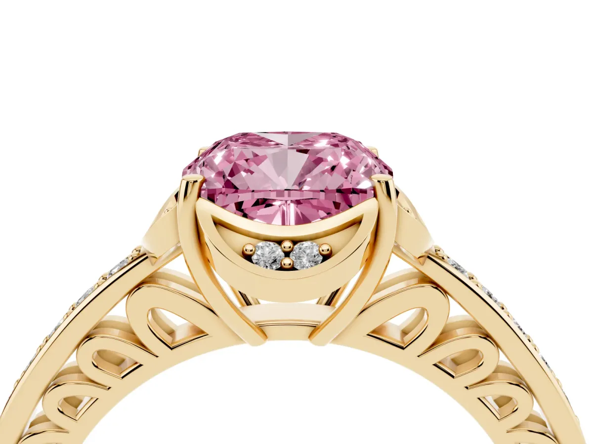 Fancy Pink Cushion Cut Cut Halo Diamond Ring with Channel Set Band and Four-Prong Setting Yellow gold