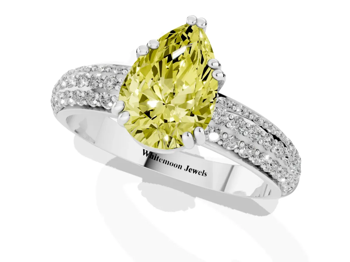 Fancy Yellow Pear Cut Diamond Solitaire Ring with Multi-Row Round Pavé Band and Prong Setting Silver
