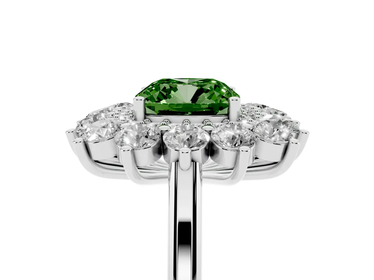 Fancy Green Cushion Cut Diamond Floral Double Halo Engagement Ring with Prong Setting Platinum