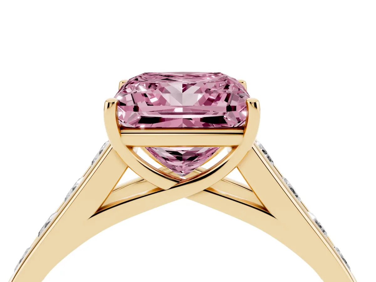 Fancy Pink Princess Cut Solitaire Channel-Set Diamond Engagement Ring with Four-Prong Setting Yellow gold