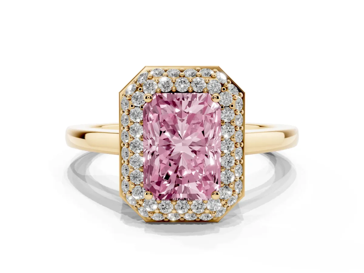Fancy Pink Radiant Cut Halo Diamond Engagement Ring with Solitaire Band and Four-Prong Setting Yellow gold