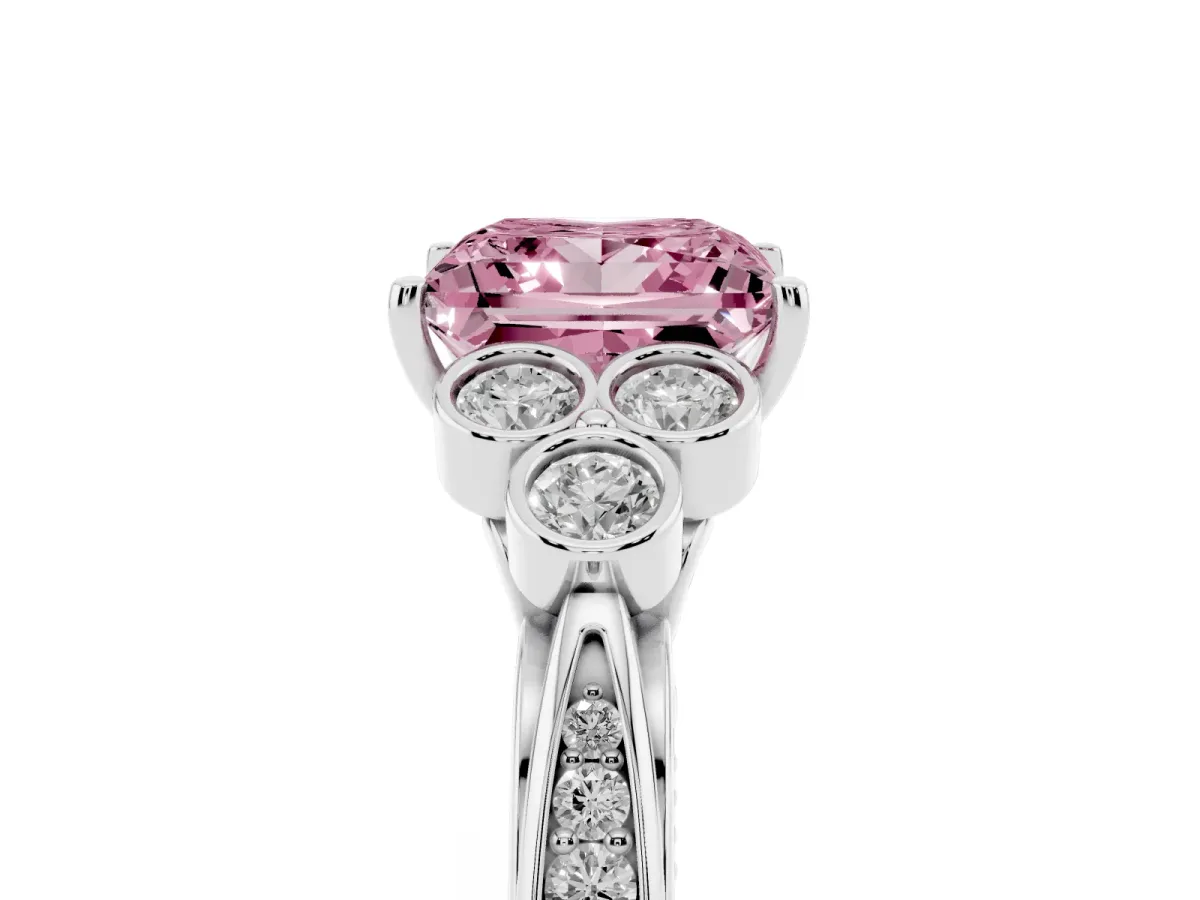 Fancy Pink Princess Cut Cut Diamond Engagement Ring with Bezel Set Round Side Stones and Prong Setting Silver