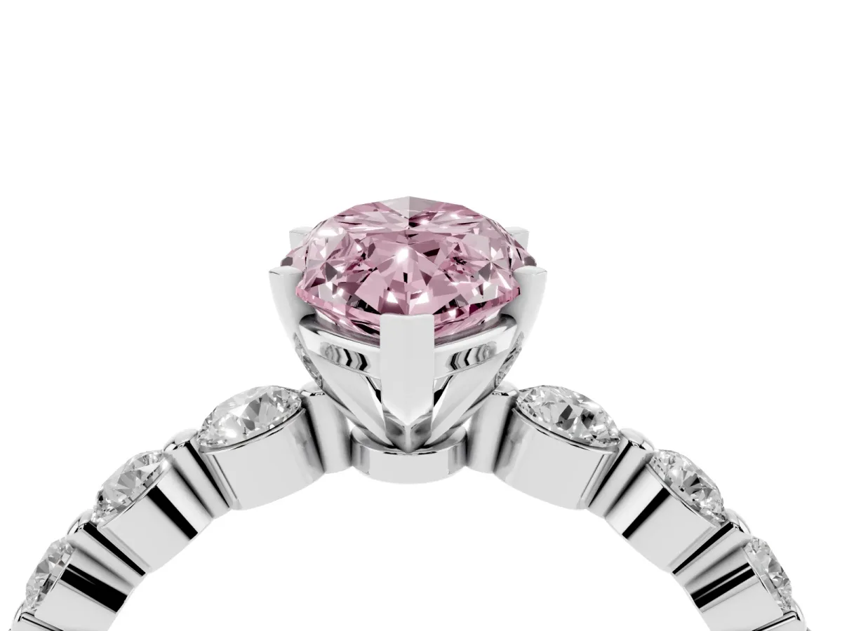 Fancy Pink Marquise Cut Solitaire Diamond Ring with Pave Band and Four-Prong Setting Silver
