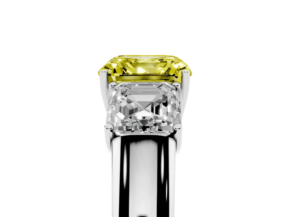 Fancy Yellow Three-Stone Asscher Cut Cut Diamond Ring with Prong Setting and Classic Band Silver