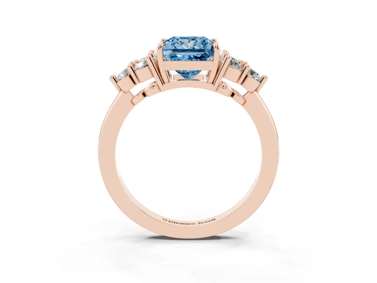 Fancy Blue Princess Cut Brilliant Diamond Cluster Accent Solitaire Ring with Prong Setting Rose gold