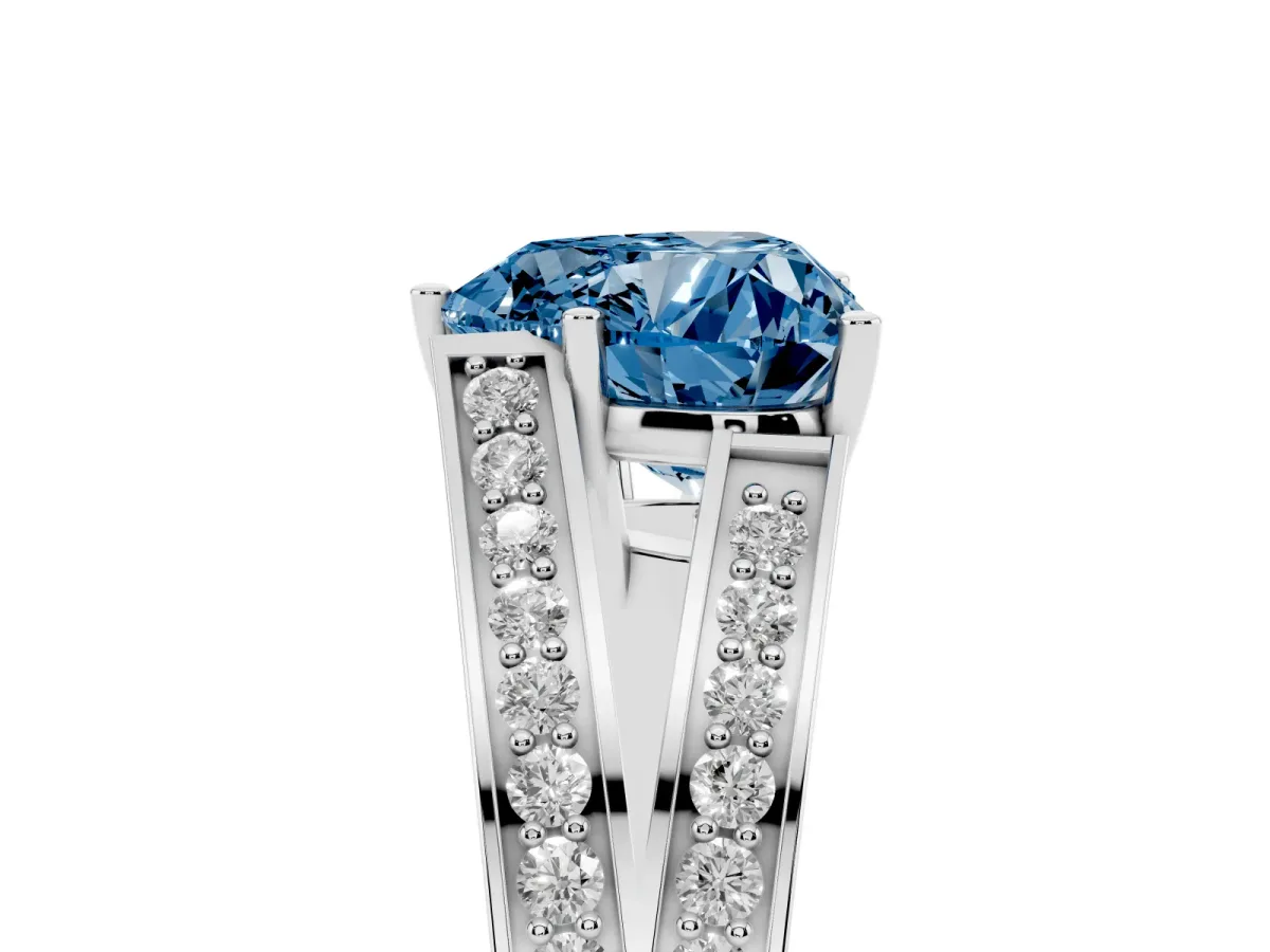 Fancy Blue Heart Cut Diamond Split Shank Ring with Pavé Band and Four-Prong Setting Platinum