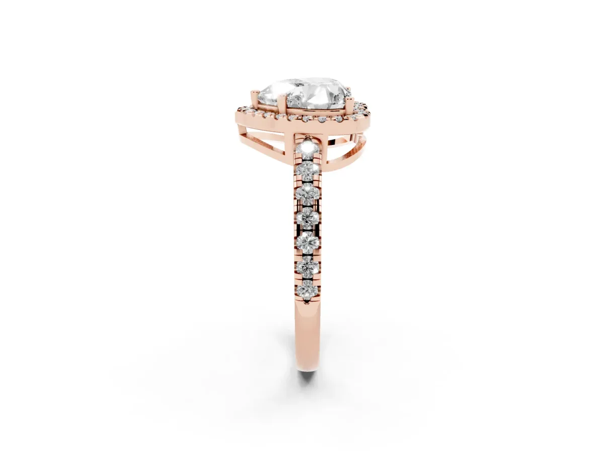 Heart Cut Diamond Halo Ring with Pavé Band and Four-Prong Setting Rose gold