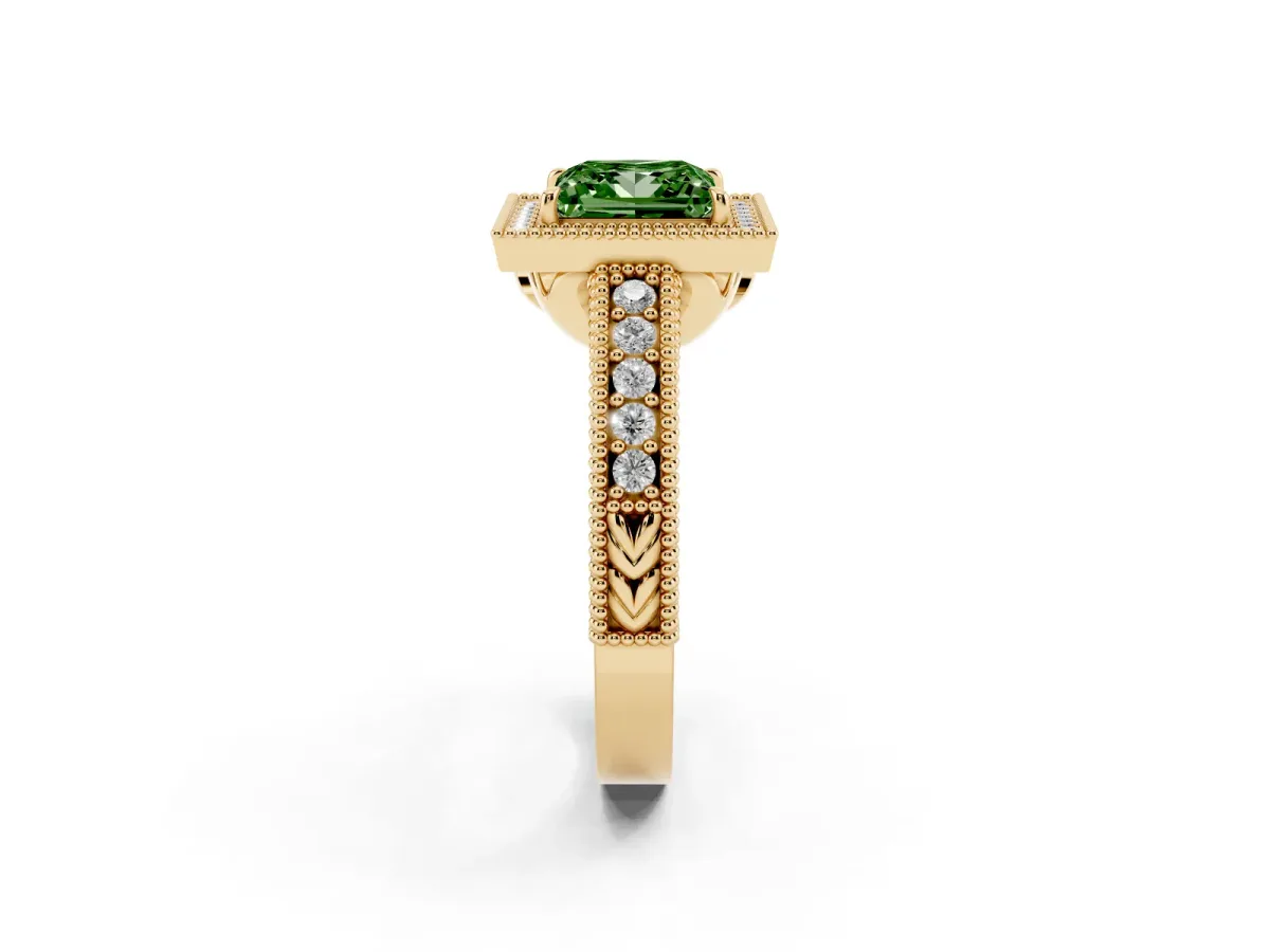 Fancy Green Princess Cut Cut Halo Diamond Ring with Pavé Band and Four-Prong Setting Yellow gold