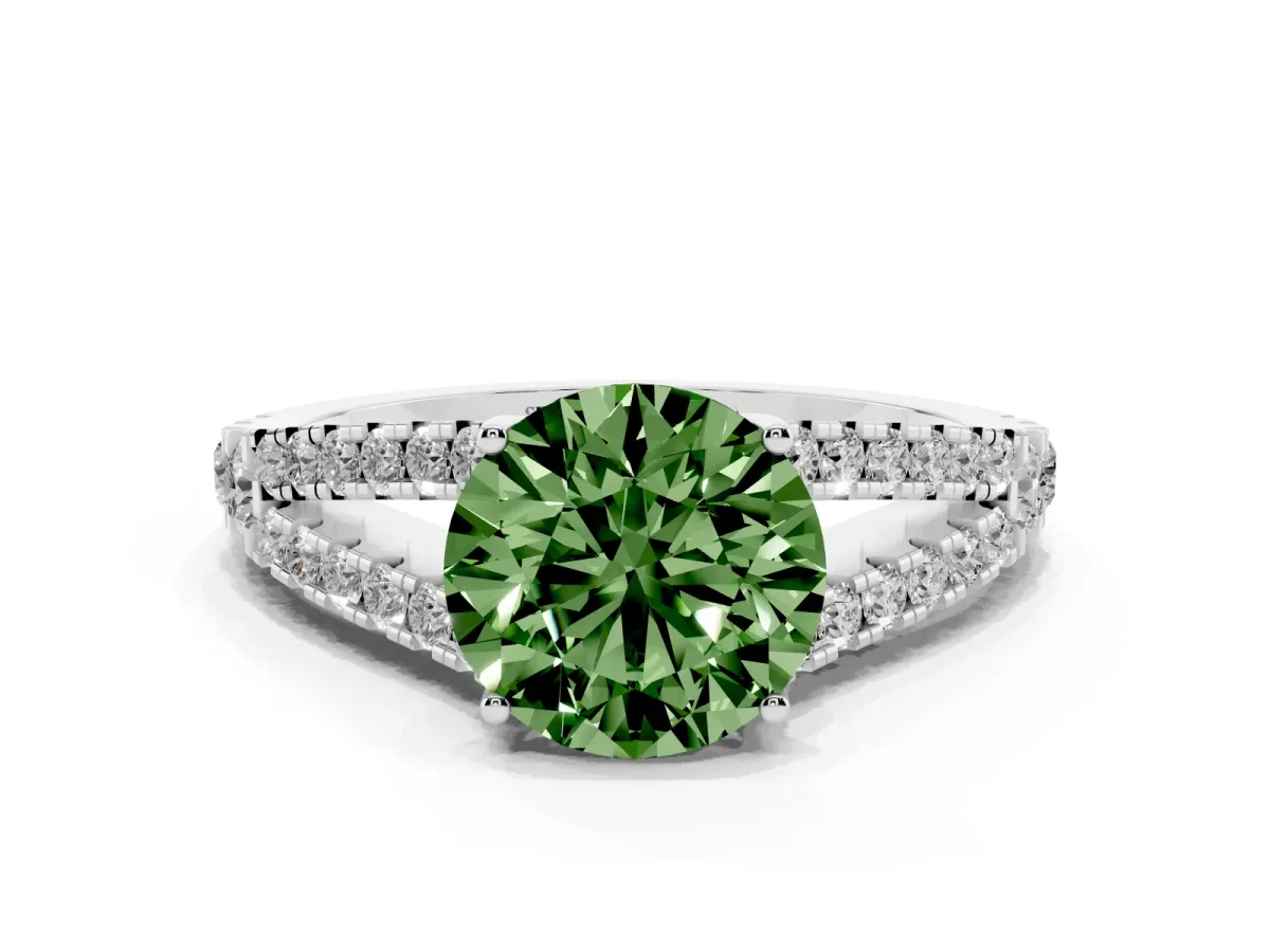 Fancy Green Round Cut Diamond Split Shank Engagement Ring with Round Pavé and Prong Setting Silver
