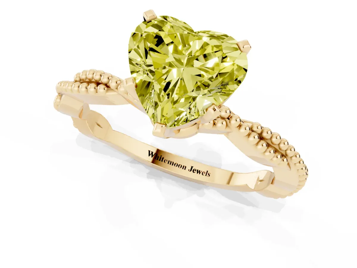 Fancy Yellow Heart Cut Solitaire Twisted Band with Bead Prong Setting Yellow gold