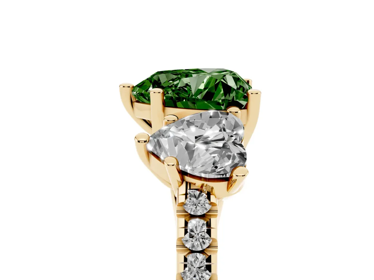 Fancy Green Three-Stone Heart Cut Diamond Ring with Round Pavé Band and Prong Setting Yellow gold