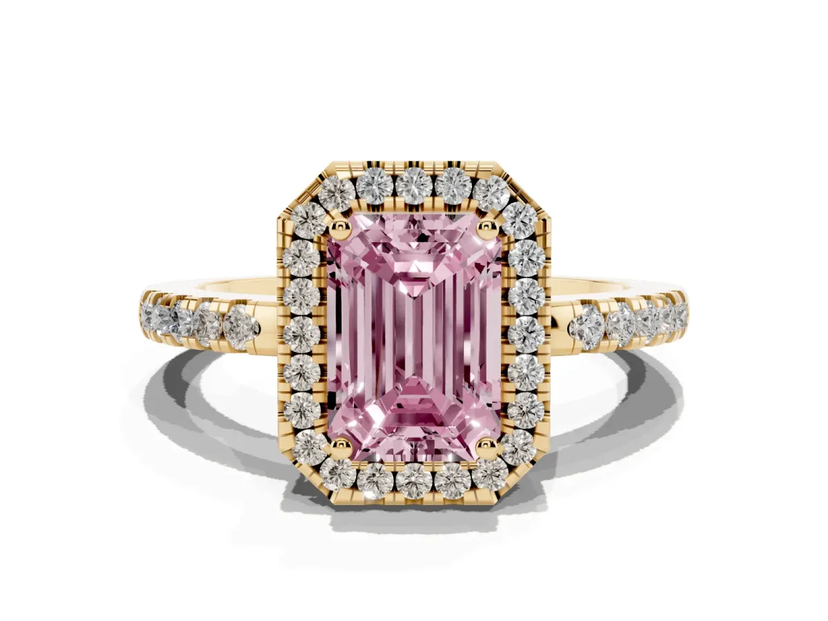 Fancy Pink Emerald Cut Halo Diamond Engagement Ring with Pavé Band and Four-Prong Setting Yellow gold