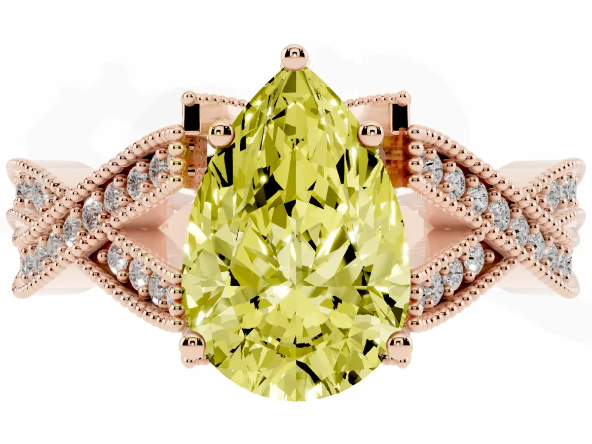 Fancy Yellow Pear Cut Cut Diamond Twisted Band with Milgrain Pave Setting and Four-Prong Setting Rose gold