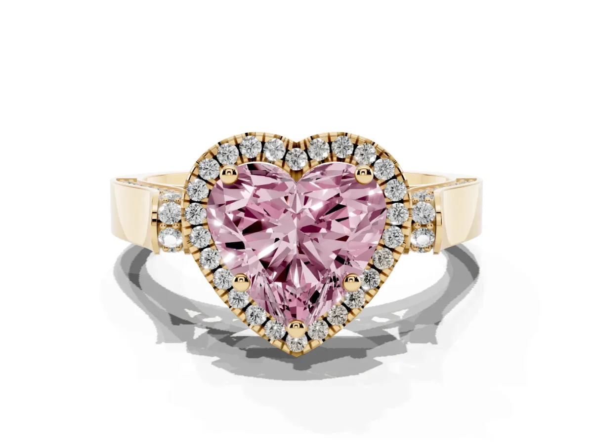 Fancy Pink Heart Cut Halo Round Diamond Twist Band with Four-Prong Setting Yellow gold