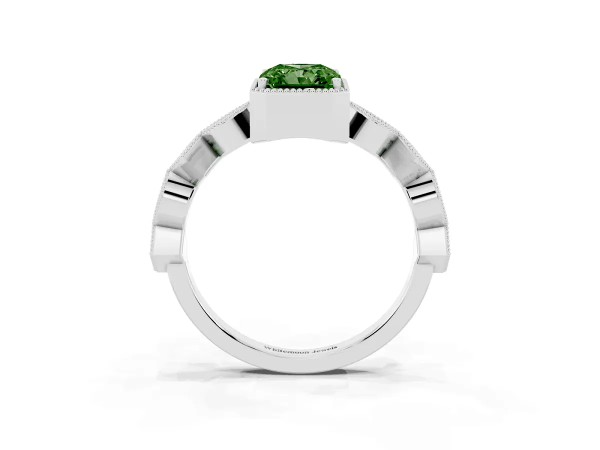 Fancy Green Radiant Cut Milgrain Marquise Diamond Twist Band Ring Silver
