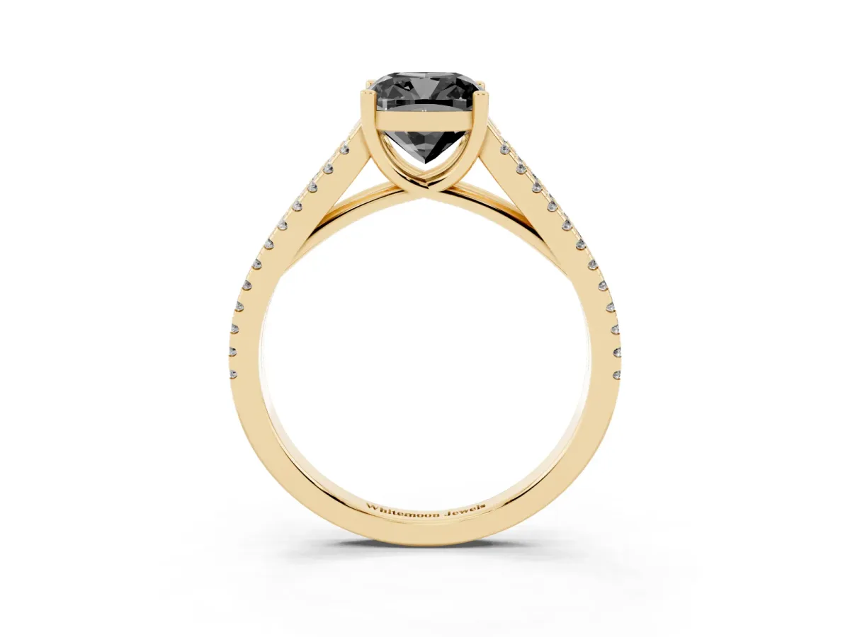 Fancy Black Cushion Cut Diamond Solitaire Engagement Ring with Split Shank Pavé Band Yellow gold