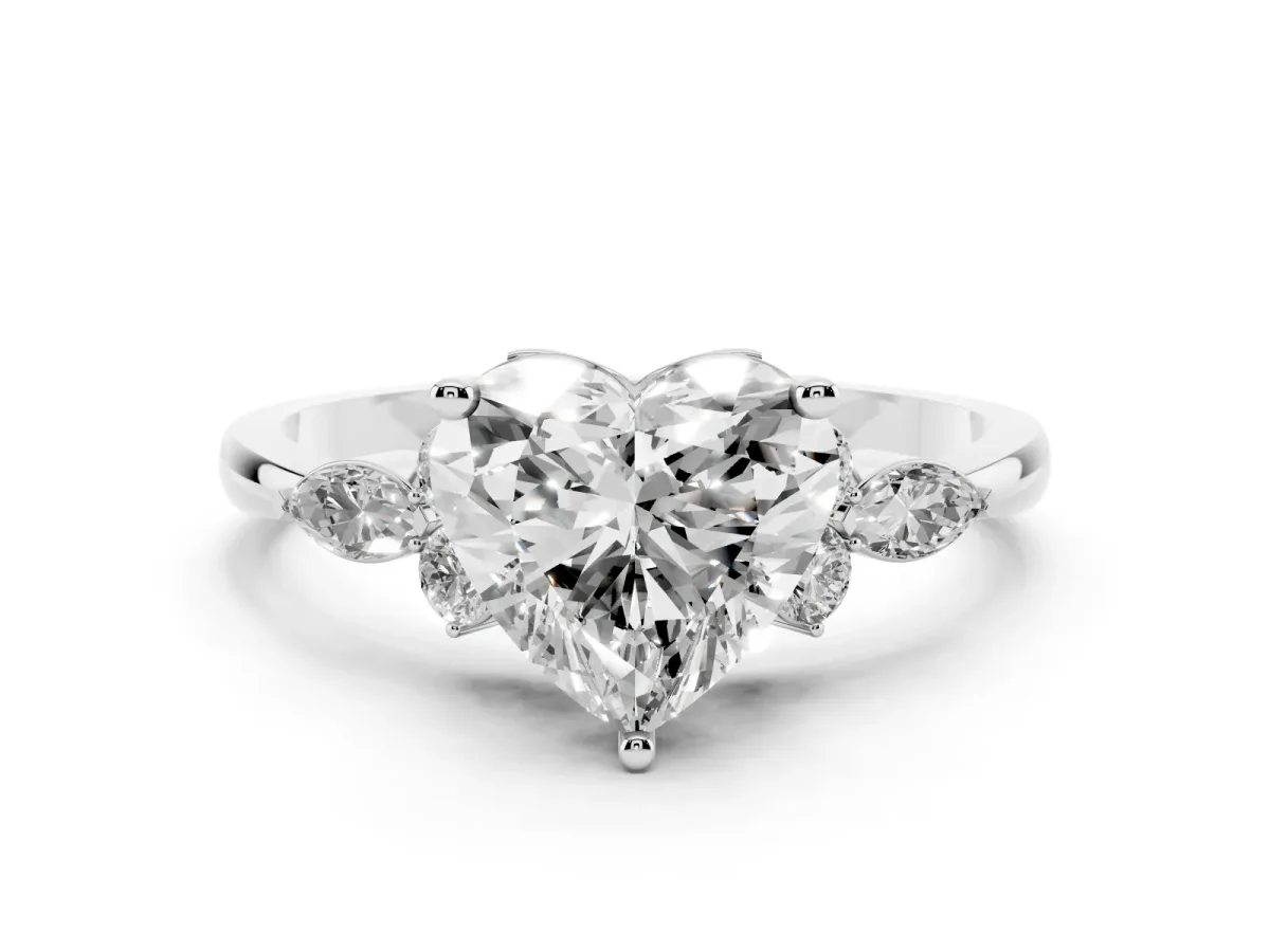 Heart Cut Brilliant Diamond Solitaire Ring with Pear Side Stones and Four-Prong Setting Platinum