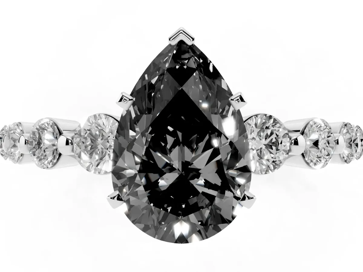Fancy Black Pear Cut Solitaire Diamond Ring with Pave Band and Four-Prong Setting Silver