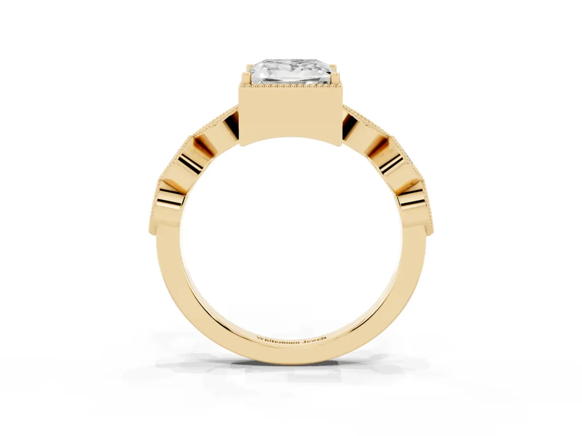 Princess Cut Diamond Vintage Milgrain Ring with Round Stations Yellow gold