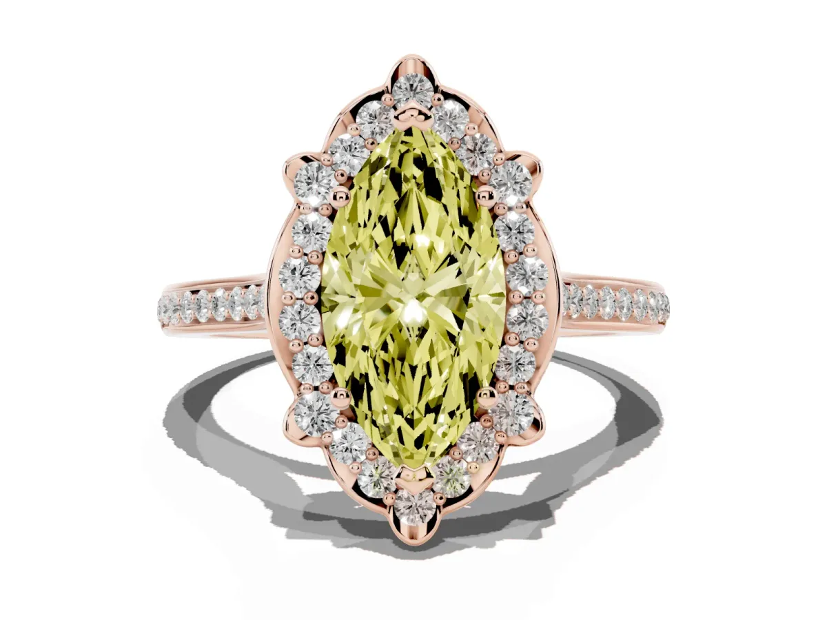 Fancy Yellow Marquise Cut Halo Round Diamond Pave Band with Four-Prong Setting Rose gold