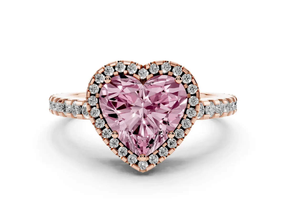 Fancy Pink Heart Cut Diamond Halo Engagement Ring with Pavé Band and Prong Setting Rose gold