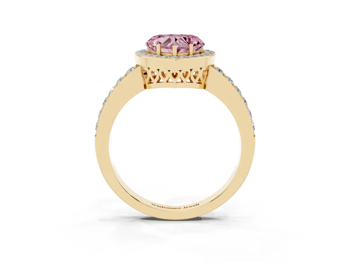 Fancy Pink Heart Cut Halo Diamond Pavé Band Ring with Prong Setting Yellow gold