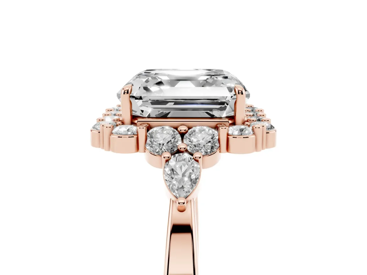Asscher Cut Diamond Halo Ring with Pear Side Stones and Prong Setting Rose gold