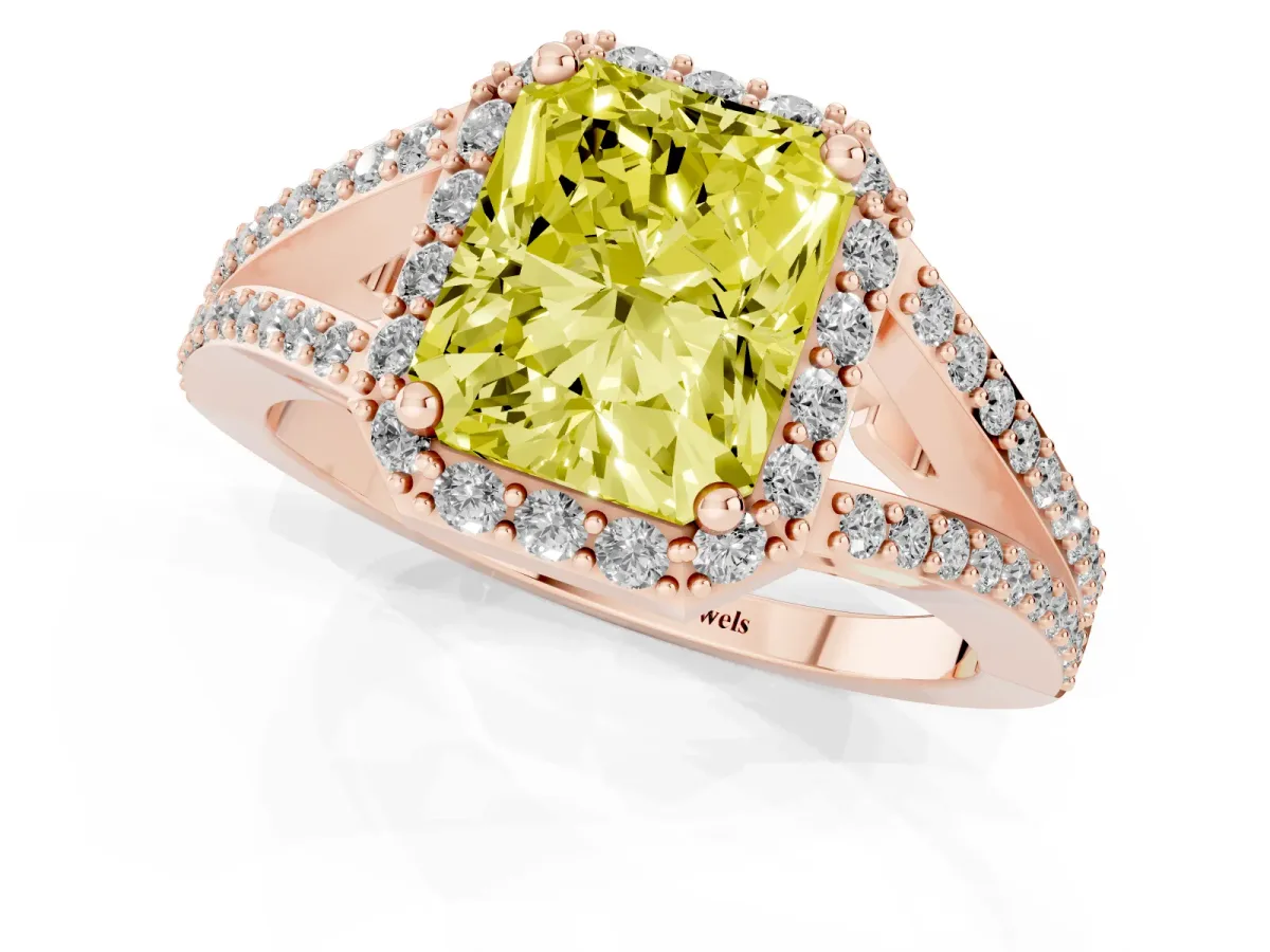 Fancy Yellow Radiant Cut Halo Split Shank Diamond Ring with Prong Setting Rose gold