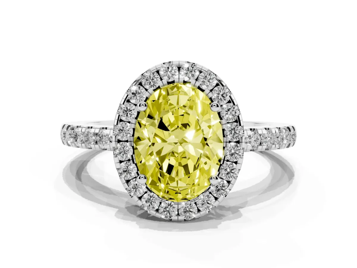 Fancy Yellow Oval Cut Halo Diamond Engagement Ring with Pavé Band and Four-Prong Setting Silver