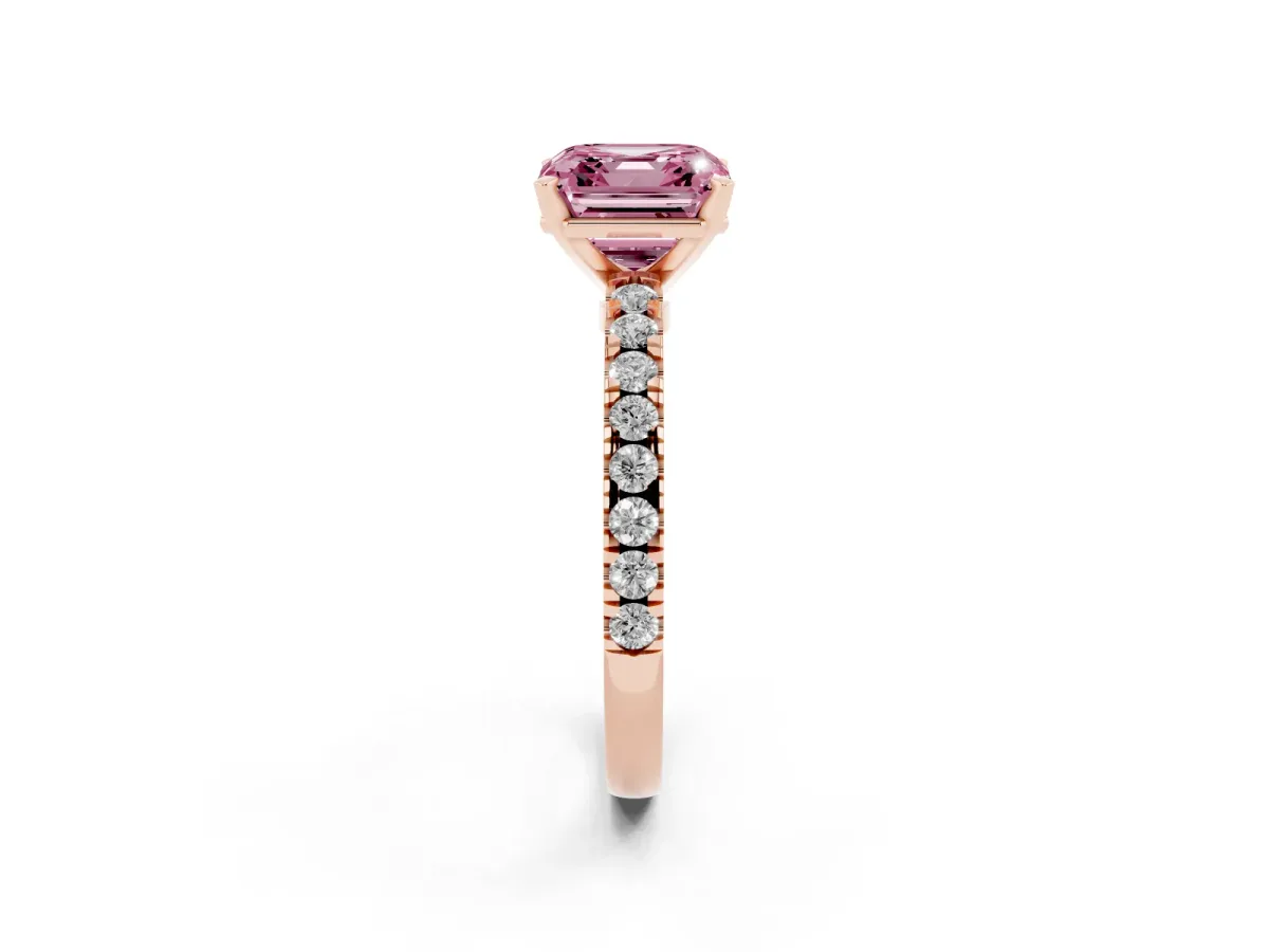 Fancy Pink Asscher Cut Solitaire Diamond with Pavé Band and Four-Prong Setting Rose gold