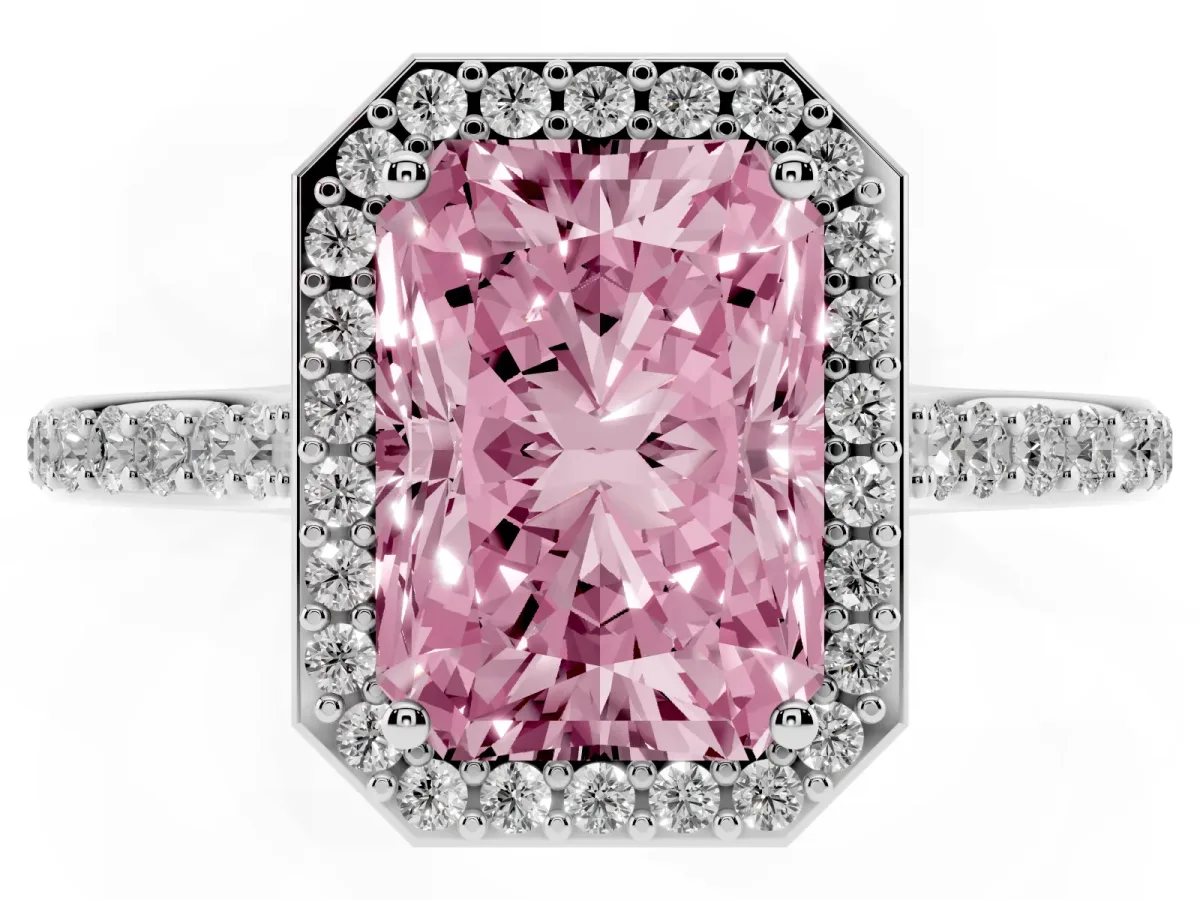 Fancy Pink Radiant Cut Diamond Halo Engagement Ring with Round Pavé Shoulders and Prong Setting Platinum