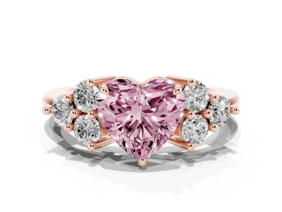 Fancy Pink Heart Cut Brilliant Diamond Cluster Accent Solitaire Ring with Prong Setting Rose gold