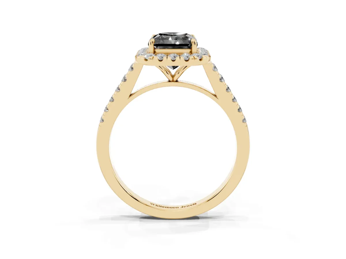 Fancy Black Radiant Cut Halo Pave Diamond Engagement Ring with Four-Prong Setting Yellow gold