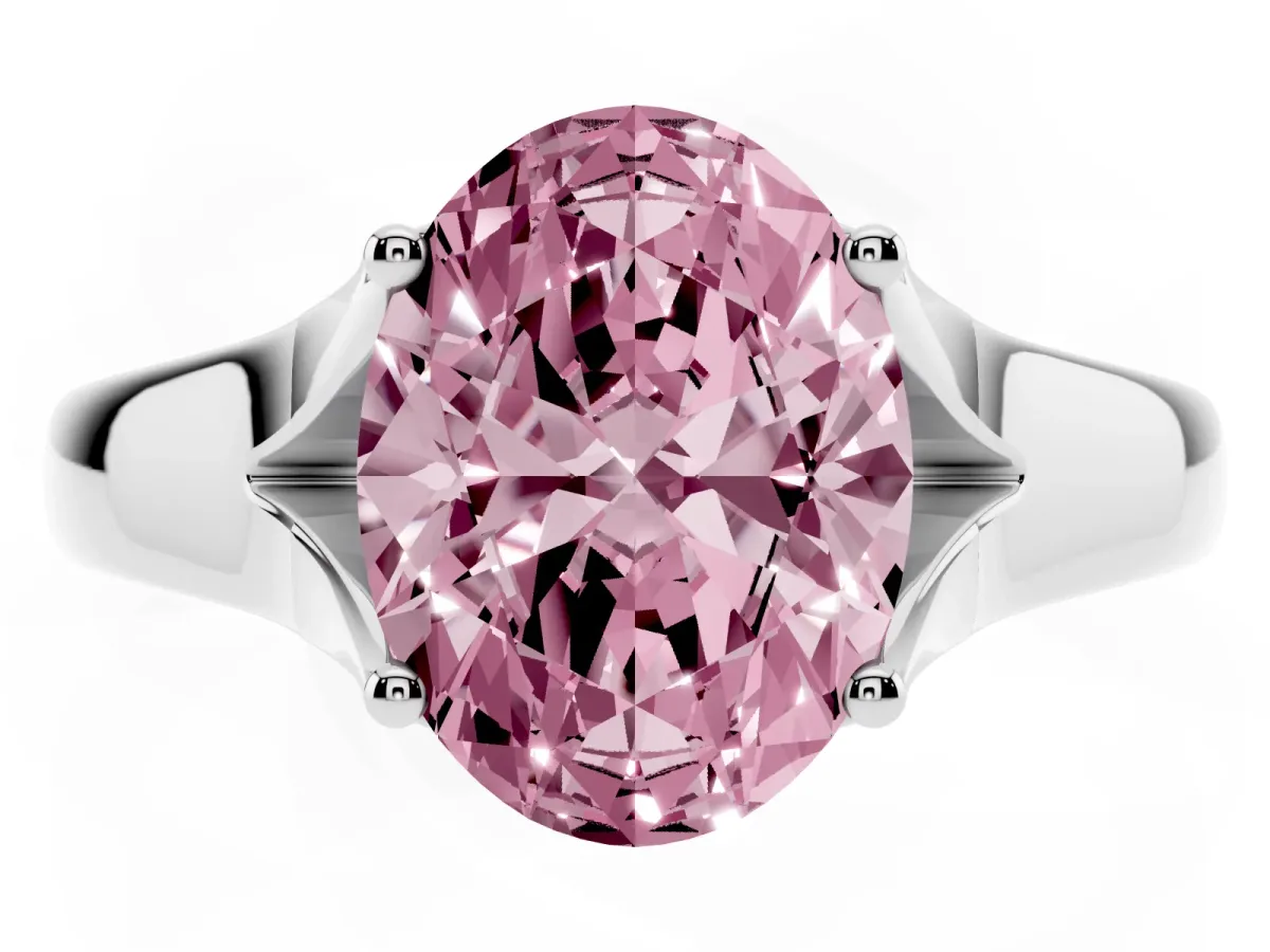 Fancy Pink Oval Cut Solitaire Diamond Ring with Cathedral Band and Four-Prong Setting Silver