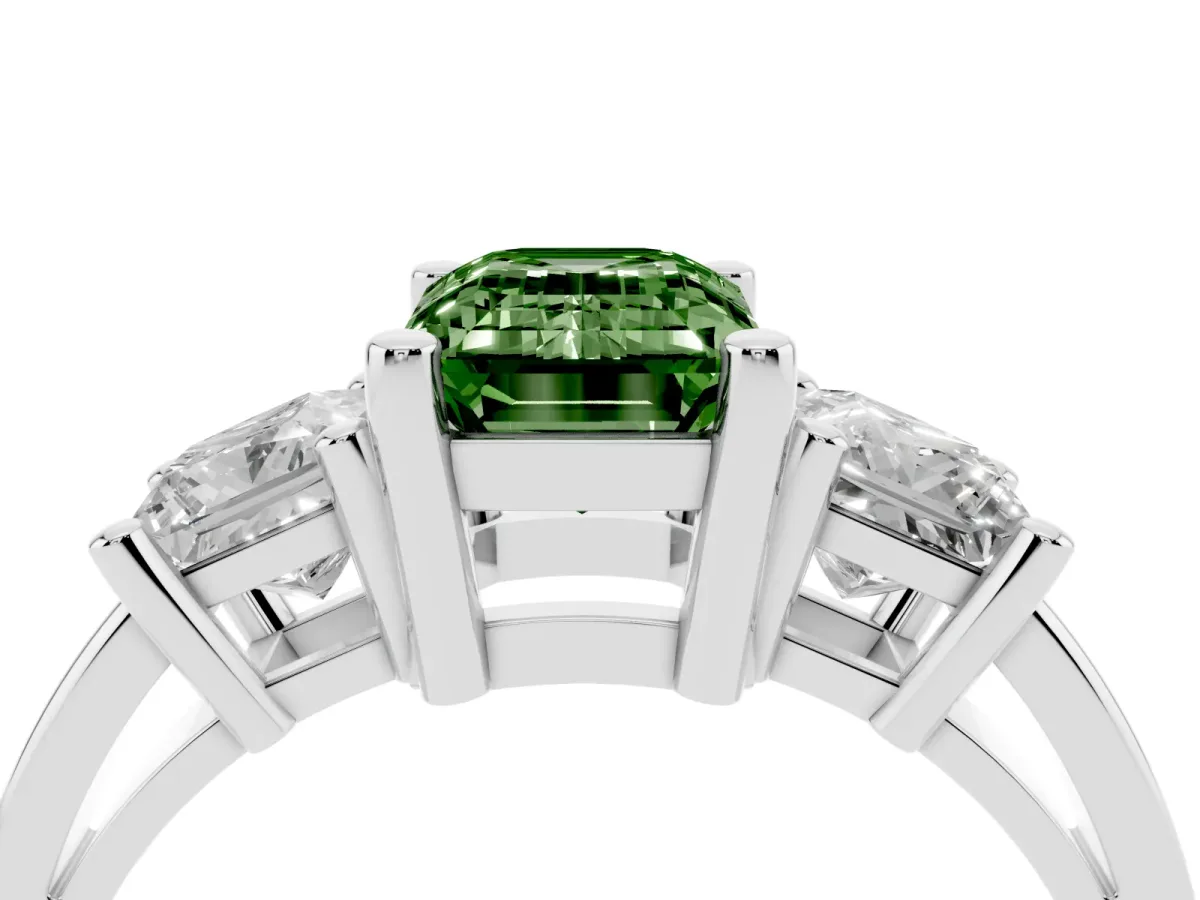 Fancy Green Three-Stone Emerald Cut Cut Solitaire Ring with Prong Setting Platinum