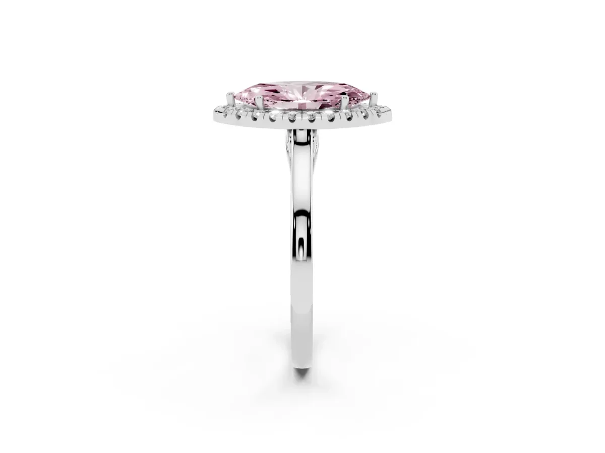 Fancy Pink Marquise Cut Halo Round Diamond Solitaire Ring with Pavé Band and Four-Prong Setting Silver